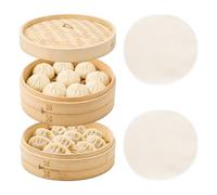 Pilikoll Ø 24CM Cuiseur Vapeur en Bambou à 2 Étages pour Sim Sum Dumplings | Panier Vapeur En Bambou avec Couvercle, Chiffons en Coton Utilisé,2 Étages de Cuiseur Vapeur,pour Légume Riz Viande Poisson