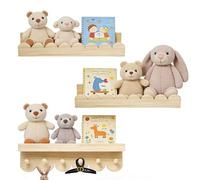 Pilikoll 3 Pièces 40cm Étagères Murales Enfant en Bois avec 6 Crochets en Bois Présentoir À Livres pour Chambre D'enfant Étagères Murales pour Chambre D'enfant, Chambre à Coucher, Salon,Salle de Bain