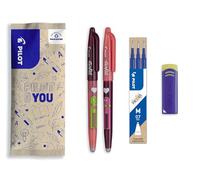 PILOT - 2 FriXion Ball + 3 Recharges + 1 Gomme OFFERTE - Stylo Effaçable | Encre Bleue - Édition Limitée Friends - Stylo d'Amitié - Amour - Rechargeable - Pointe Moyenne (0,7mm)
