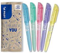 PILOT - 5 FriXion Light Soft - Surligneurs Effaçables aux Couleurs Pastel - Bleu, Vert, Rose, Violet, Jaune - Pointe Biseautée - Tracé Fin ou Large