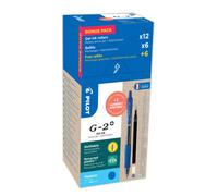 Pilot Eco Pack G2+ 07, stylo encre gel rétractable, pointe moyenne 0,7 mm, corps bleu transparent avec zone de préhension, encre bleue, 12 stylos + 12 recharges dont 6 offertes