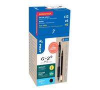Pilot Eco Pack G2+ 07, stylo encre gel rétractable, pointe moyenne 0,7 mm, corps noir transparent avec zone de préhension, encre noire, 12 stylos + 12 recharges dont 6 offertes
