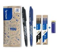 PILOT - Lot de 2 FriXion Ball + 2 Sets de 3 Recharges + 1 Gomme - Stylo Effaçable à Encre Thermosensible - Stylo Roller Rechargeable fabriqué à partir de Plastique Recyclé - Noir - Pointe Moyenne
