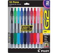 Pilot G2 Lot de 10 stylos à bille à encre gel rechargeables et rétractables, pointe fine de 0,7 mm, encres de couleurs assorties