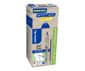 Pilot Greenpack B2P Ecoball - Stylo bille rétractable pointe large 1mm Bleu - lot 10 stylos + 10 recharges dont 5 offertes