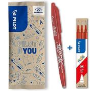 PILOT - Lot de 1 Frixion Ball + 1 set de 3 recharges - Stylo effaçable à encre thermosensible - Stylo roller rechargeable fabriqué à partir de plastique recyclé - Rouge - Pointe moyenne