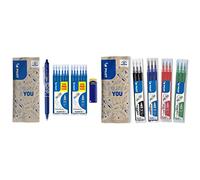 Pilot - Lot de 1 Frixion Ball Clicker + 2 Sets de 6 recharges + 1 Gomme - Stylo rétractable effaçable à encre thermosensible-Bleu & Lot de 4 sets de 3 Recharges FriXion Ball - Noir, Bleu, Rouge, Vert