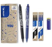 PILOT - Lot de 2 Frixion Ball Clicker + 1 Set de 3 recharges + 1 Gomme - Stylo rétractable effaçable à encre thermosensible - Stylo roller rechargeable et ergonomique - Bleu - Pointe moyenne