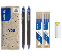 PILOT - Lot de 2 FriXion Point Clicker 0,5 - Stylo Roller effaçable et rétractable - 2 Bleus + 2 Sets de 3 Recharges bleues + Gomme - Pointe Fine