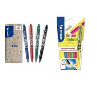PILOT - Lot de 4 Frixion Ball Clicker- Stylo rétractable effaçable à encre thermosensible - Pointe moyenne & Pochette de 6 FriXion Light- Surligneur -Jaune/Rose/Vert/Bleu/Orange/Violet -Pointe moyenne