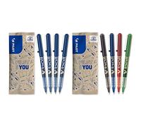 Pilot - Lot de 4 V-ball 05 - Stylos roller à encre liquide et pointe fine pour une écriture fluide et précise, Bleu - Pointe fine & Lot de 4 V-ball 07 - Noir, Bleu, Rouge, Vert - Pointe moyenne