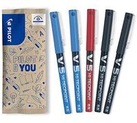 PILOT - Lot de 5 V5 - Stylos Roller à Encre Liquide à Pointe Fine pour une Écriture Fluide et Précise - Séchage rapide, ne fuit pas - 2 Noirs, 2 Bleu, Rouge - Pointe Fine (0,5mm)