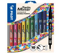 Pilot Marqueur permanent Twin Marker 2 pointes 0,8 mm et 2 mm - Pochette de 10 assorties