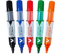 PILOT - Pochette de 5 V-Board Master - Marqueurs tableau blanc effaçables - Rechargeables - À encre liquide aux couleurs intenses - Begreen - Noir, bleu, rouge, vert, orange - Pointe biseautée 6,0 mm