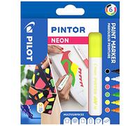 PILOT - Pochette de 6 Pintor - Marqueurs Peinture Multi-Supports à Base d’Eau, Séchage Rapide - Textile, Verre, Bois, Pierre, DIY - Couleurs Assorties Fluo - Pointe Extra Fine
