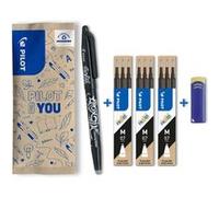 PILOT - Lot de 1 FriXion Ball + 3 Sets de 3 Recharges + 1 Gomme - Stylo Effaçable à Encre Thermosensible - Roller Rechargeable - Noir - Pointe Moyenne