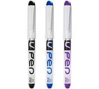 PILOT V Pen Lot de 3 stylos plume jetables effaçables Pointe 0,6 mm Pointe moyenne Encre noire, bleue et violette