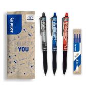 PILOT x ONE PIECE - Lot de 3 Frixion Ball Plus, Noir, Bleu, Rouge + 1 Set de 3 recharges bleues + 4 Stickers - Stylos Effaçables - Édition limitée One Piece - En Plastique Recyclé - Pointe Moyenne