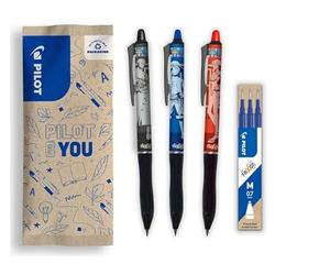 PILOT x ONE PIECE - Lot de 3 Frixion Ball Plus, Noir, Bleu, Rouge + 1 Set de 3 recharges bleues + 4 Stickers - Stylos Effaçables - Édition limitée One Piece - En Plastique Recyclé - Pointe Moyenne