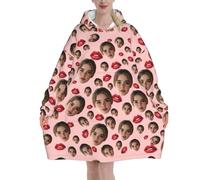 Pilou Pilou Femme homme Lèvres rouges Pull Plaid Oversize en poncho Polaire Couverture à Capuche Concevez Votre Photo de Visage objet Personnalisable sweat plaid blanket chaud cadeau Personnalisée