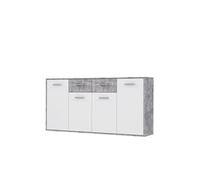 PILVI Buffet bas 4 portes 4 tiroirs - Blanc et beton gris clair - L 162,3 x P 34,2 x H 88,1 cm