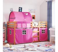 Pin massif avec barrières de sécurité Bas avec rideaux Rose 90x200 cm | Lit superposé bois pin massif 90x200 cm sans matelas échelle barrière sécurité enfant
