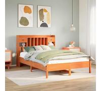 Pin massif avec rangement bibliothèque tête de lit 160x200 cm brun | Lit bibliothèque 160x200 cm pin massif cire marron avec sommier à lattes et rangements, tête de lit étagère 2 tiroirs, sans