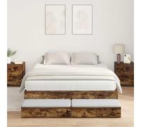 Pin Massif avec Rangement Design Moderne Marron 135 cm | Cadre de lit avec rangement Chêne fumé 135 cm Bois ingénierie lit double coffre 4 tiroirs matelas 190 cm moderne scandinave