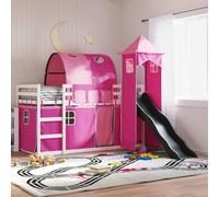 Pin massif avec toboggan et rideaux Lit superposé bas 90x200 cm Rose | Lit superposé blanc avec toboggan et rideaux 90x200 cm enfants sans matelas en pin massif