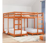 Pin Massif Design Moderne échelle intégrée 200 x 200 cm Marron | Cadre de lit superposé triple Brun cire 200 x 200 cm Pin massif avec échelles barrières sécurité pour enfants invités petit