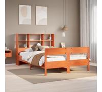 Pin massif literie rangement tête de lit coffre Brun 135x190 cm | Lit bibliothèque avec rangement sans matelas pin massif verni marron 135x190 cm sommier lattes tête de lit étagère