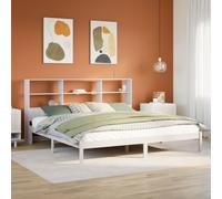 Pin massif rangement intégré tête de lit sommier à lattes blanc 180x200 cm | Lit bibliothèque blanc 180x200 cm en bois de pin massif avec sommier à lattes, rangement intégré remplace table de chevet,