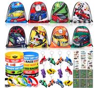 Pinata Anniversaire Voiture de Course 48 Pièces pour Garcon Fille avec Sac de Cordon Bracelet en Silicone Porte Clés Lumineux Tatouages Temporaires Stickers pour Cadeau Anniversaire Enfant Invites