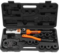 Pince à sertir hydraulique - Outil de sertissage 10 t - Jeu de 9 mâchoires de sertissage V12–28 & TH16–32 - Acier/aluminium - Mallette 50×10×24 cm - Orange