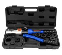 Pince à sertir hydraulique pour tubes en cuivre - Manuelle - Force de sertissage de 10 t - Course de 20 mm - Tête pivotante à 360° - 5 mâchoires de sertissage - Bleue