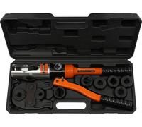 Pince à sertir pour tubes en cuivre - CW-1632 Pro - Hydraulique - Profil en V - Sept mâchoires 12–28 mm - Avec coffret à outils - Acier/aluminium/CrMo - Orange