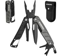 WORKPRO Pince Multifonction en Acier Inoxydable 11 en 1 avec Mousqueton, Couteau Multifonction avec Etui Pince Scie Tournevis Ouvre-Boîte pour Camping Randonnée (Vert Foncé et Noir)