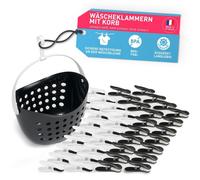 Pinces à linge avec panier – pinces à linge robustes avec panier – pinces à linge avec pochette – pinces souples et sans marquage – 40 pièces – noir et blanc avec panier noir