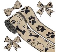 Pineraap Lot de 2 rouleaux de ruban en tissu à bords métalliques avec motif empreintes de pattes de chien 6,3 cm pour décoration de fête de chiot, couronne de ferme, emballage cadeau