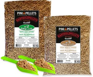 PINI pellets de bois dur chêne 15 Kg + hêtre 15 Kg pour barbecue, fumoir, four à pizza et installations de chauffage