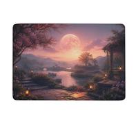 Pink Moon over Floral River Landscape Tapis à Poils Courts 150 x 100 cm | Tapis de chambre : se place facilement près du lit ou du canapé; avec surface douce; pour chambre