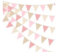pinkblume 30Ft Rose Beige Champagne Doré à Paillettes Papier Fanion Bannière Guirlande Décoration de fête Rétro Rose Drapeau Banderole pour Anniversaire Baptême EVJF Thé Mariage Saint Valentin Décor