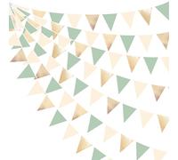 pinkblume 32Ft Champagne Or Vert Sauge Beige Fanions Guirlande Bannière Drapeau Décoration de Fête Tissu Métallique Triangle Banderole pour Anniversaire Bapteme EVJF Mariage Diplômes Extérieur Décor