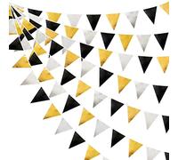 pinkblume 32Ft Décoration de fête Noir Or Argent Tissu Triangle Fanions Bannière Drapeau Guirlande de banderoles en Coton pour Anniversaire Bapteme Fiançailles Mariage diplômé Retraite de fête Decor