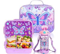 PinkSheep Boîte à déjeuner Bento pour enfants avec conteneurs à déjeuner étanches de 1200 ml avec 3 compartiments, bouteille d'eau de 650 ml sans BPA, sac à déjeuner isotherme pour l'école, les filles