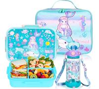 PinkSheep Boîte à déjeuner Bento pour enfants avec conteneurs à déjeuner étanches de 1200 ml avec 3 compartiments, bouteille d'eau de 650 ml sans BPA, sac à déjeuner isotherme pour l'école, les filles
