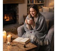 PinkZebra Couverture très Chaude en Laine mérinos 400 g/m² en 100% Laine de Nouvelle-Zélande, env. 160 x 200 cm, Couverture Douillette, de séjour, Chaude avec Franges, de canapé Douillette, Gris