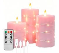 PinnWaa Bougies LED Rechargeables Sans Flamme [Lot de 3], Guirlandes Lumineuses Intégrées, Cire Véritable, avec Télécommande et Minuterie, Flamme Vacillante pour Noël Mariage Décoration - Rose