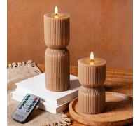 PinnWaa Bougies LED Sans Flamme Lot de 2, Piliers Côtelés en Cire, Marron | Télécommande, Minuterie, Design Sablier, Flamme Vacillante, Luminosité Réglable, Fonctionnement à Piles, Décoration Maison