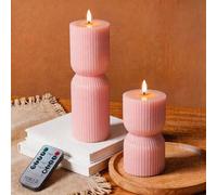 PinnWaa Bougies LED Sans Flamme Lot de 2, Piliers Côtelés en Cire, Rose | Télécommande, Minuterie, Design Sablier, Flamme Vacillante, Luminosité Réglable, Fonctionnement à Piles, Décoration Maison